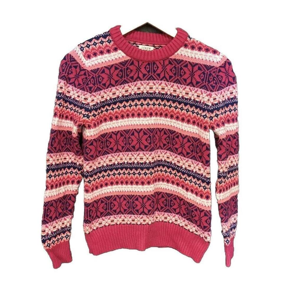 J.Crew Sweater Women's XS Pink Blue Cotton Ribbed Crew Neck Fair Isle Pullover